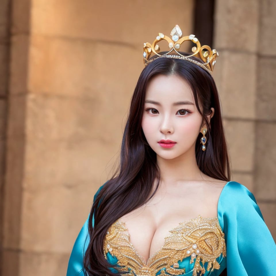 sohee, 1girl, detailed eyes, detailed iris, detailed face, realistic, naturaly makeup, (full upper body shot:1.4), (straight on:1.3), beautiful hair, (looking at the viewer:1.2), (wearing queen dress:1.2), (queen crown:1.1), cleavage, beautiful face, beautiful expression, (medium breast:1.3), (photorealistic:1.3), (closed mouth:1.2)