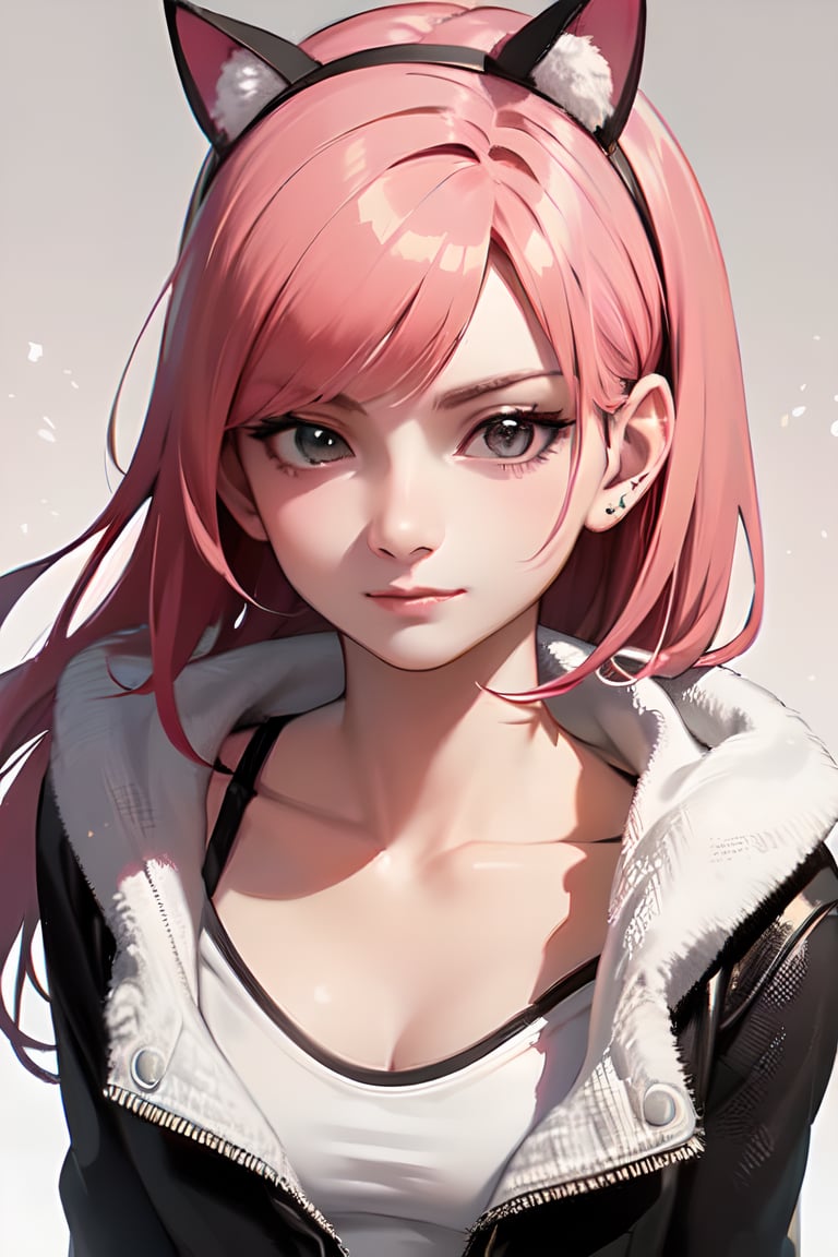 yiren, 1girl, (upper body:1.2), (straight on:1.1), beautiful hair, floating hair, (looking at the viewer:1.3), (pink hair:1.2), (wearing fluffy cute jacket), (cat hair bands), beautiful face, beautiful expression, (medium breast:1.1), (closed mouth:1.2), (photorealistic:1.3), detailed face, detailed eyes, detailed iris, detailed nose, detailed ears, detailed eyebrows, high_res