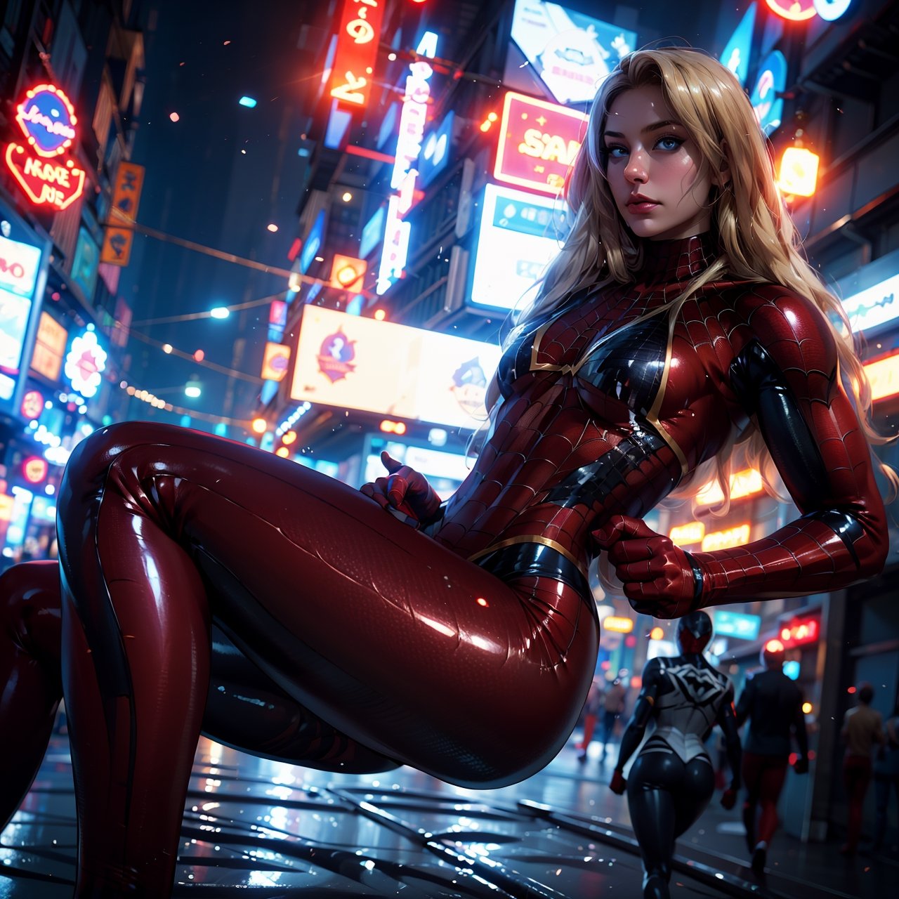 8k, high quality, high rise panties, stunning hourglass figure, long golden silky hair, toned body, blonde hair, supermodel, big blue eyes, subsurface scattering, professional quality, 8k resolution, RAW photo, small breasts, glistening skin, stunning toned woman, neon signs, cyberpunk city, night city background, glowing, amazing detail, intricately detailed, bright lighting, spiderman costume, tight latex suit, costume, spiderman, black spiderman costume