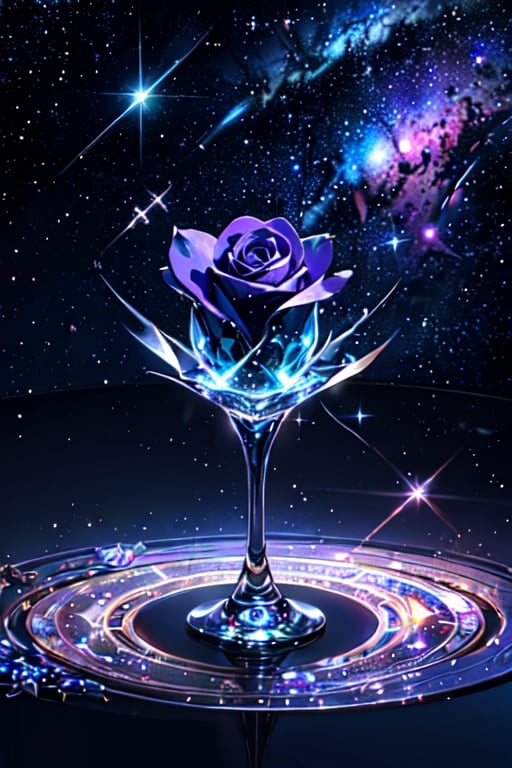 Single glass rose, thorns, petals of glass, sparkling like diamond, light reflections, bright, shining, intricately detailed, color depth, Epic cinematic, brilliant lighting, cosmic background, shooting stars, galaxy 