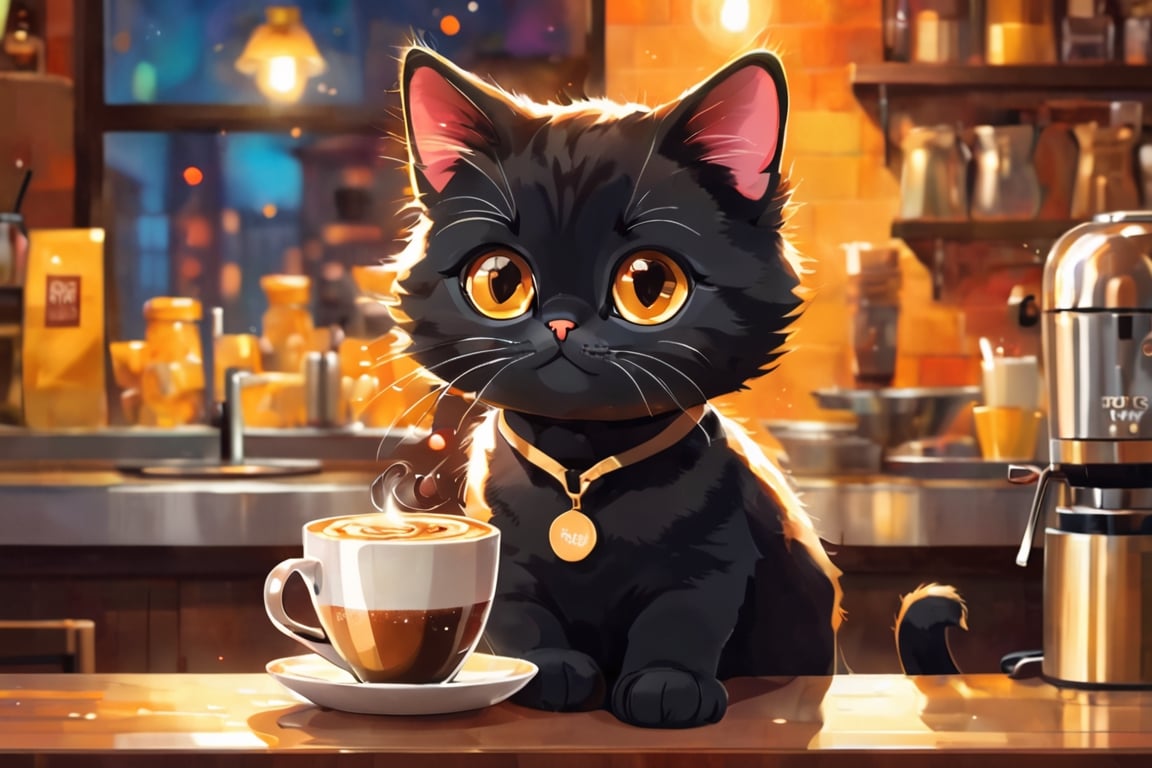 shadow flat vector art, (cute,cat,colorful,vector illustration,portrait),(best quality,4k,highres,masterpiece:1.2),ultra-detailed,vivid colors,bokeh,light painting,soft lighting, cat barista, cat making coffee, cute cat, big eyes, sparkling