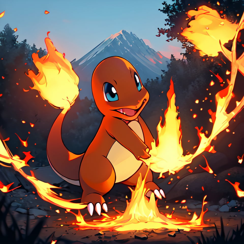 ((masterpiece,best quality)), absurdres,, Charmander_Pokemon,   flame-tipped tail, pokemon_\(creature\),full_body, facing viewer, looking at viewer,embers, explosion, fangs, swirling flames,mountain, nature, no_humans,  outdoors,  sky, tree