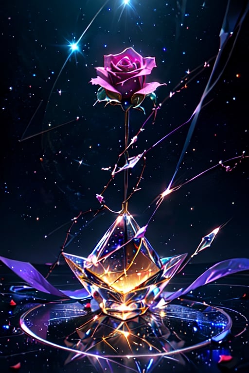 Single glass rose, thorns, petals of glass, sparkling like diamond, light reflections, bright, shining, intricately detailed, color depth, Epic cinematic, brilliant lighting, cosmic background, shooting stars, galaxy 