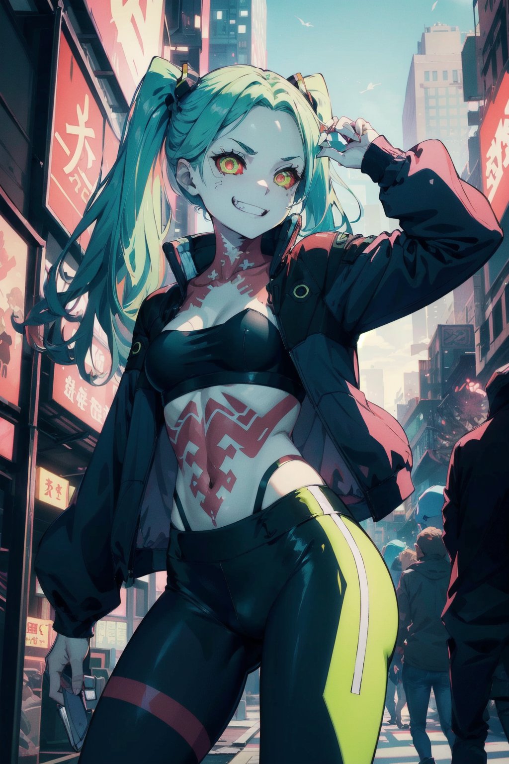 masterpiece, best quality, highres, 1girl, rebecca \(cyberpunk\), solo, long hair, mechanical eye, colored sclera, red sclera, colored skin, white skin, leg tattoo, neck tattoo, green hair, long hair, small breasts, underwear, fang, red pupils, skin fang, red eyes, black jacket, , standing, cowboy shot, straight-on, evil grin, outdoors, black tight leggings, short crop top, twintails, 