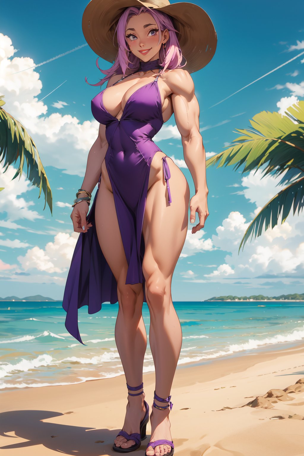 masterpiece, best quality, highres, shion, smiling, 1girl, medium breasts, long hair, toned muscle body, short bright pink summer dress, side slit, lace underwear, large brown sunhat, high rise panties, standing,anime, at the beach, calm blue and green ocean, vibrant jungle, white sand, bright sun, blue sky, sandals, smiling, bright red lips, large breasts,Shion, muscles, muscular physique