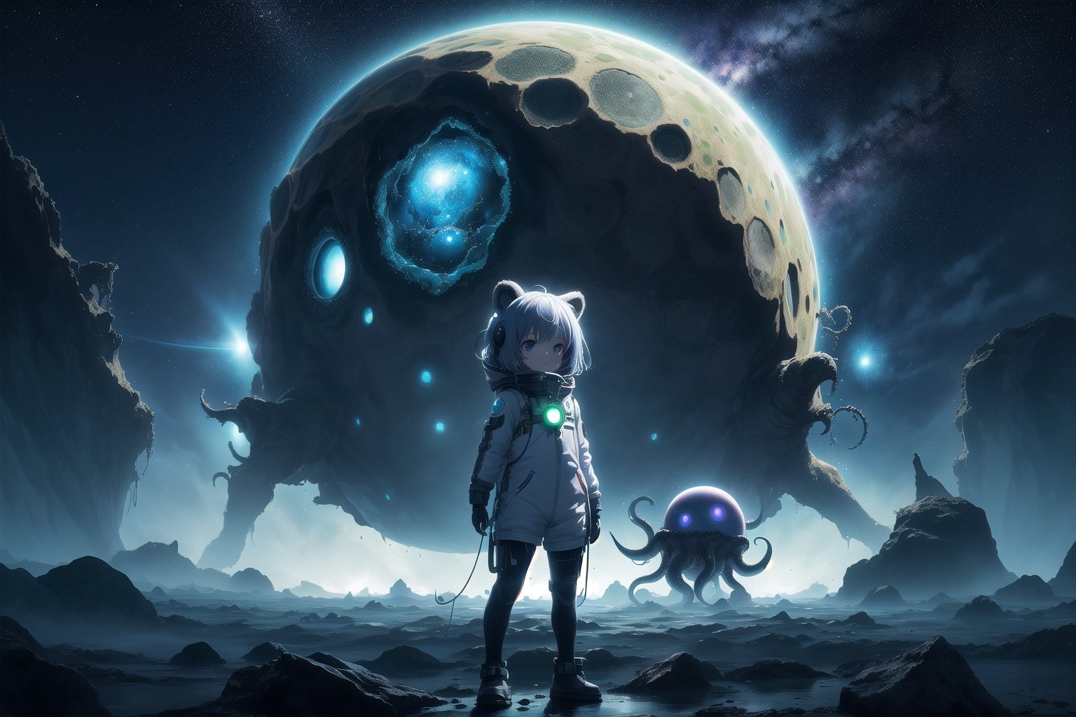 Chibi girl in a spacesuit left frame, cute racoon ears, award winning cinematic, a chibi girl with racoon ears standing in front of a Giant cthulhu monster, tentacle on face, ominous cthulhu, | fantasy colors, sky full of stars, night, spaceship on the ocean, low hanging fog, lovecraft inspired, key anime Visual by kentaro Miura, alien planet, alien world, trippy colors, | bokeh, depht of field, vivid background colors, key anime Visual by kentaro miura