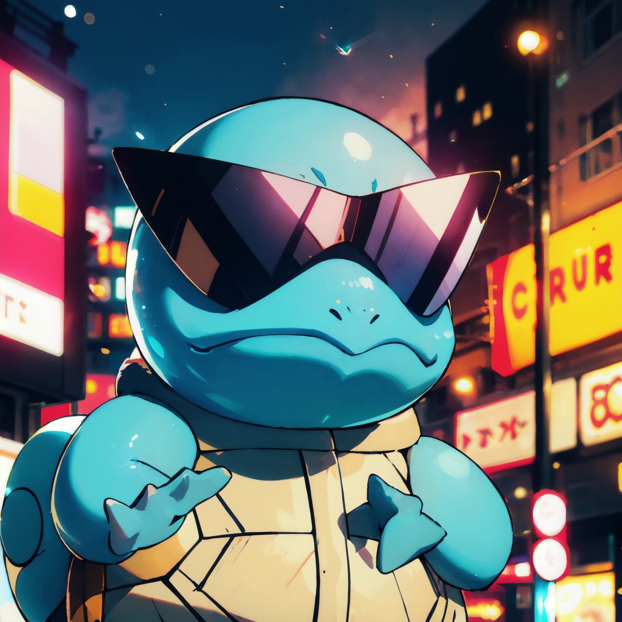 centered, award winning photo, (looking at viewer:1.2), | Squirtle_Pokemon, sunglasses,| city lights, | bokeh, depth of field, cinematic composition, |