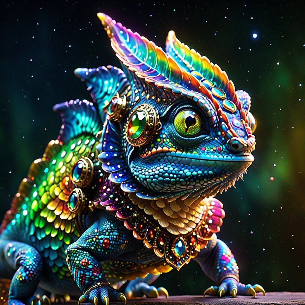 A chameleon,generate a celestial adorable non-human animal in the style of celestial and fantasy. Multicolored scales, cute face. Include subtle details of phantasmal iridescence. emphasize small details of fantasy and ornate jewels. camera: utilize interesting and dynamic composition. enhance visual interest. lighting: use ambient lighting that enhances the ambiance of fantasy. include bold colors and deep shadows. hires, detailed eyes, hires detailed eyes, hires small details, ornate, intricate details, 8k, shimmer, unity, official cgi unreal engine, high resolution, (((masterpiece))), high quality, highres, detail enhancement, (bright and clear eyes), large bright eyes, colorful tail