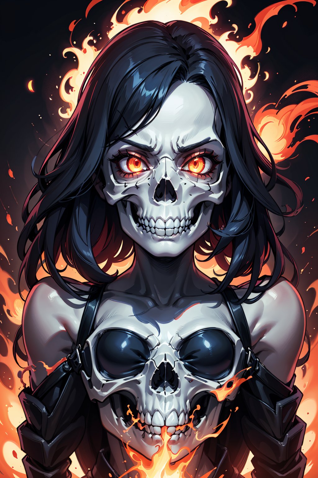 Half and half, portrait of a girl, half portrait of skull, flaming, surreal, intricately detailed, color depth, Epic cinematic, brilliant lighting, 