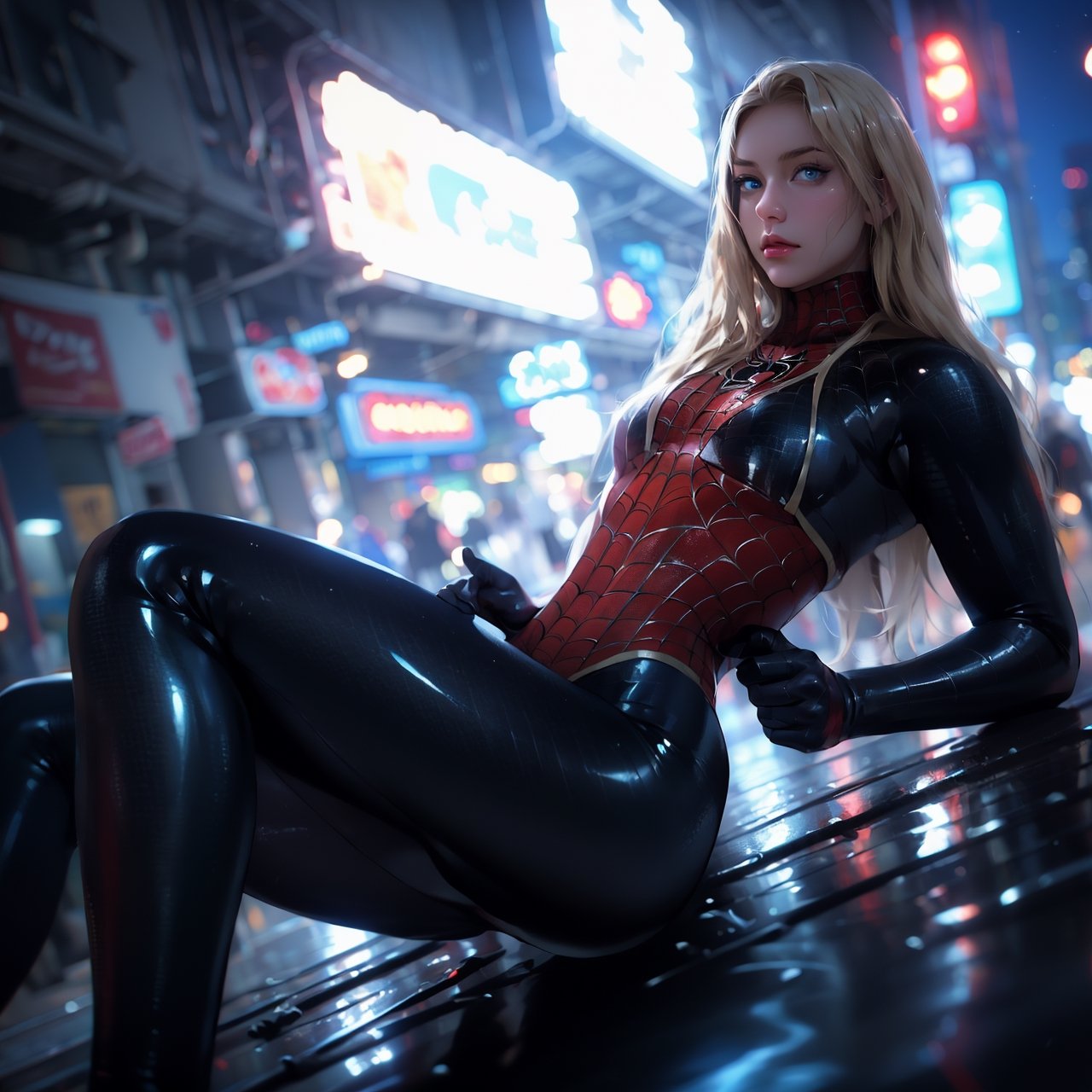 8k, high quality, high rise panties, stunning hourglass figure, long golden silky hair, toned body, blonde hair, supermodel, big blue eyes, subsurface scattering, professional quality, 8k resolution, RAW photo, small breasts, glistening skin, stunning toned woman, neon signs, cyberpunk city, night city background, glowing, amazing detail, intricately detailed, bright lighting, spiderman costume, tight latex suit, costume, spiderman, black spiderman costume, on edge of a building, sitting on a skyscraper edge, professional lighting, hyperdetailed, 