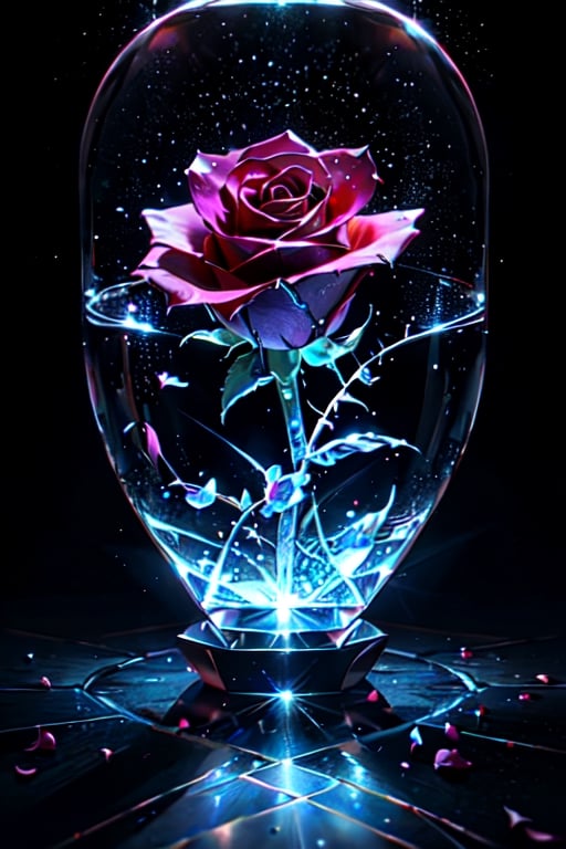 Single glass rose, thorns, petals of glass, sparkling like diamond, light reflections, bright, shining, intricately detailed, color depth, Epic cinematic, brilliant lighting 