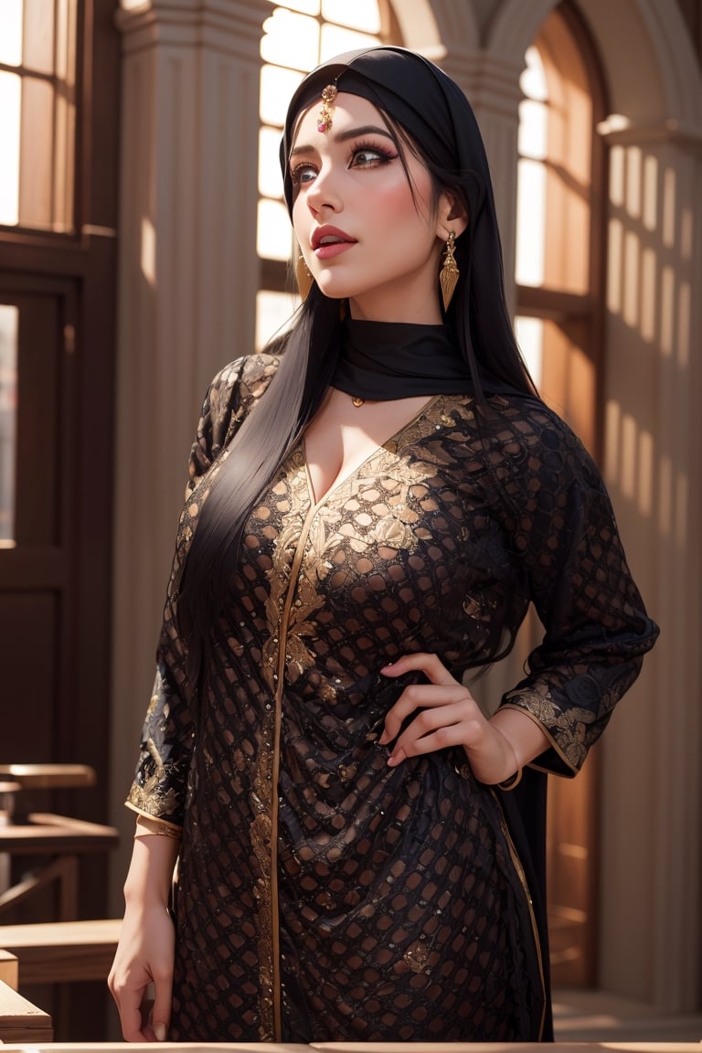 (masterpiece,best quality,absurdres,beautiful,aesthetic,detailed),fantasy,1girl, arabian princess, wearing full arabian outfit, fancy hairstyle, makeup, revealing, bare shoulder, beautiful symmetrical face, glossy picture, Iranian beauty, arabian herotage, black silky hair, large breasts, embroidered hair, intricately detailed, intricately detailed jewellery, aran royal palace background, grand hall, amazing detail, colorful vibrant background, (masterpiece) portrait, deep violet eyes, (masterpiece), multicolored clothes, headscarf, golden brown skin, prominent nose, (masterpiece