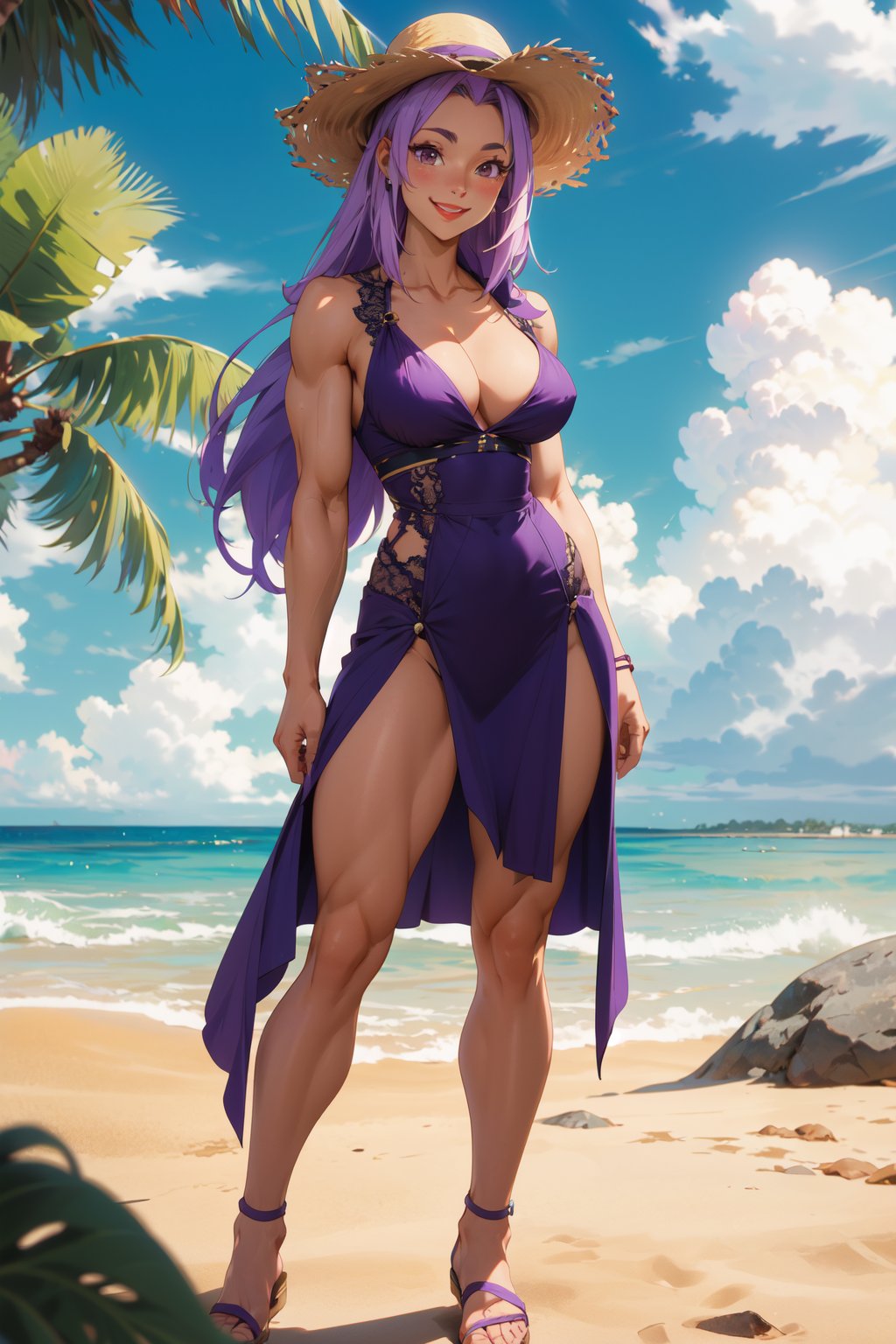 masterpiece, best quality, highres, shion, smiling, 1girl, medium breasts, long hair, toned muscle body, short bright pink summer dress, side slit, lace underwear, large brown sunhat, high rise panties, standing,anime, at the beach, calm blue and green ocean, vibrant jungle, white sand, bright sun, blue sky, sandals, smiling, bright red lips, large breasts,Shion, muscles, muscular physique