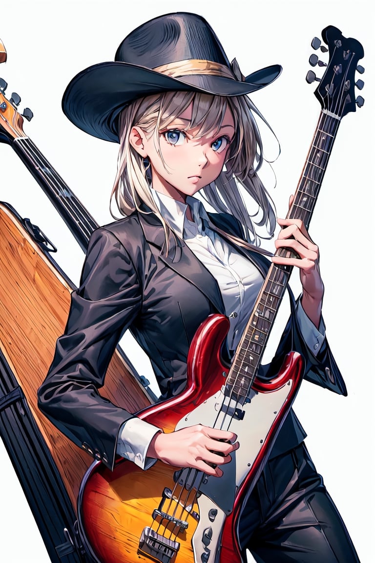 Masterpiece, best quality, highres, 8k resolution ,1girl,  jazz player, girl in a fedora, cool jazz vibes, black suit pants, white shirt, rolled up sleeves, big bright eyes, clear background, white background,(masterpiece, absurdres), , absurdres, bass guitar case, smooth jazz, gold accents