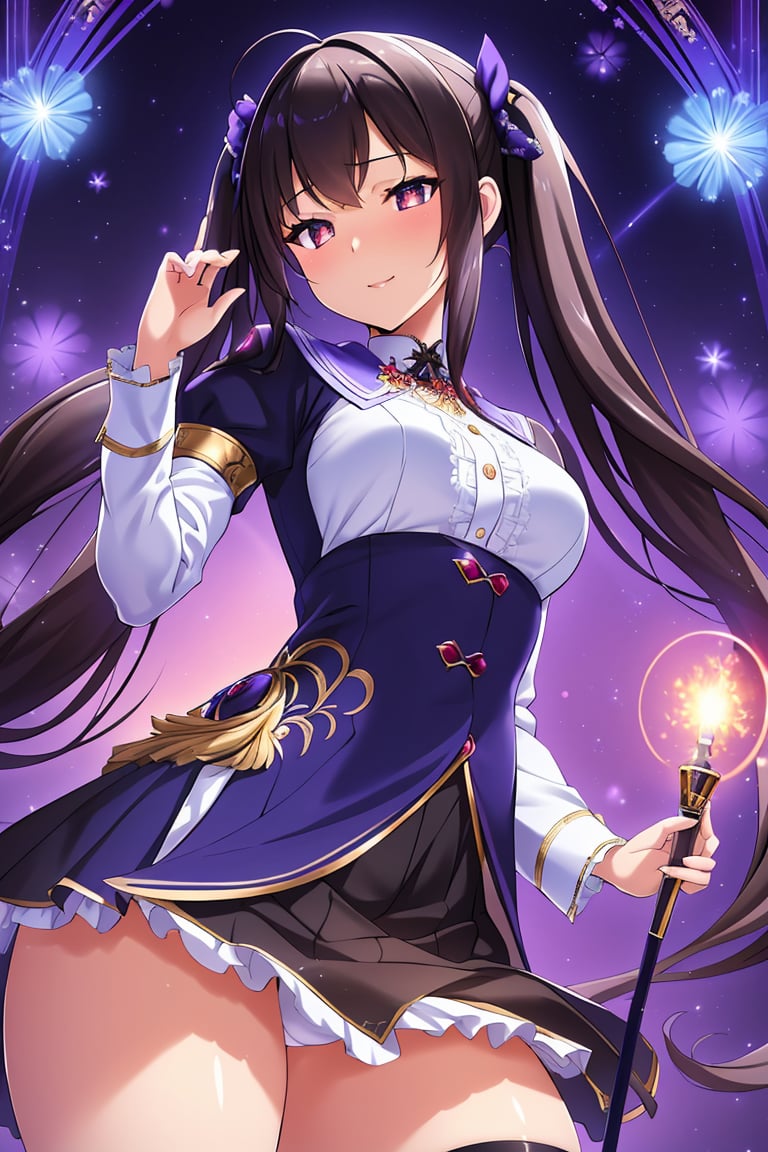 masterpiece, (detailed iris), smug, slit pupils, centered, elegant, highly detailed, (twintails, by butcha-u, by uno_makoto, by ubanis, (8k:1.1), lighting, dynamic angle, intricate details, 1girl, dynamic pose, light particles, masterpiece, reflective hair, textured hair, best quality, hyper detailed, Cinematic light, intricate_detail, highres, official art, finely detailed beautiful eyes, high resolution illustration, 8k,high,upper body, looking at you, textured hair, 