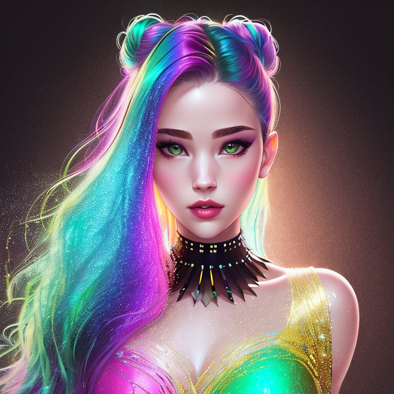 rainbow hair, wearing metallic iridescent dress, young ([Jennifer Lawrence|Emma Watson]:0.9) round cute face, sexy, green eyes, detailed clothes, skinny, shinny glossy skin, subsurface scattering, (gothic:0.8), double bun, bangs, frills, skirt, [(colorful explosion psychedelic paint colors:1.21)::0.2], (boorish:0.7), (darkness:1.1), cyberpunk, award winning photo, extremely detailed, amazing, fine detail, absurdres, nikon d850 film stock photograph kodak portra 400 camera f1.6 lens rich colors hyper realistic lifelike texture dramatic lighting unrealengine trending on artstation cinestill 800 tungsten, Style-Neeko