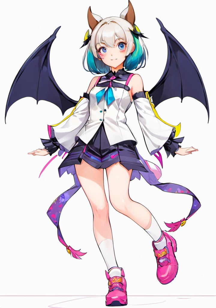 bat girl, vamoire theme, full body, shoes, 1girl, vtuber, front facing, cute face, standing, white background, a pose, looking at viewer, friendly anime, arms to sides, 