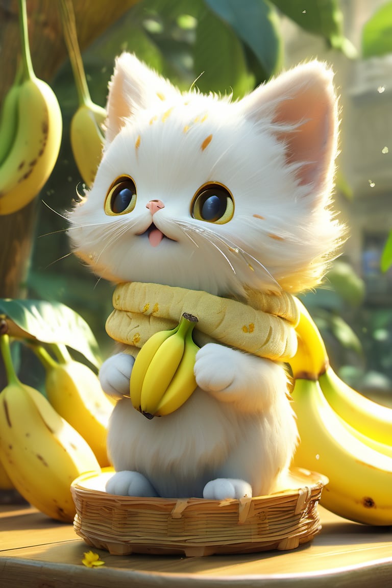 3D style,(masterpiece, best_quality, ultra-detailed:1.3), epic, illustration, welcoming,3d render, cat, cute, bananas, banana