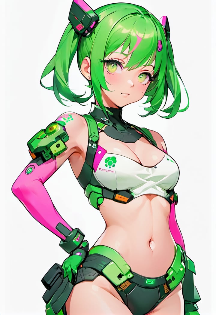 full body, cyberpunk, cyber,green hair, pink, character design, 1girl, front facing, cute face, standing, woman, medium breasts, white background, a_pose, looking at viewer, friendly anime, arms to sides, 