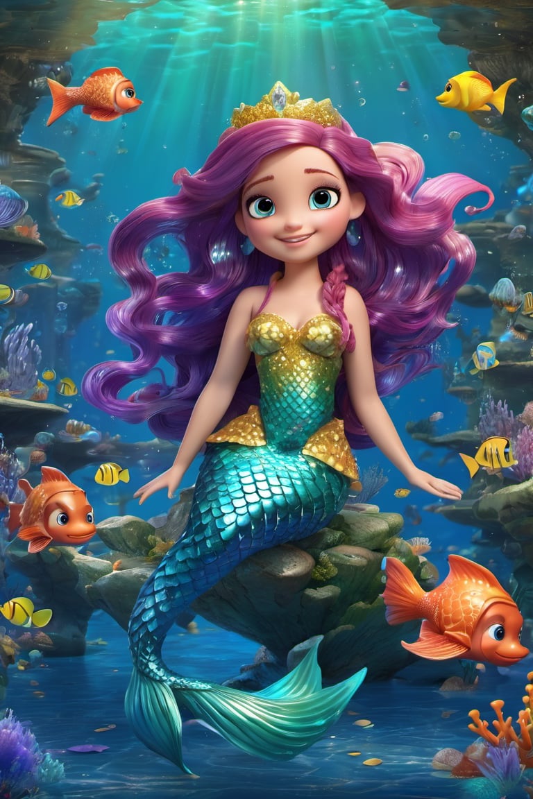 3D style,(masterpiece, best_quality, ultra-detailed:1.3), epic, illustration, welcoming,3d render, 1girl, solo, mermaid, sparkling, glitter, mermaid tail,