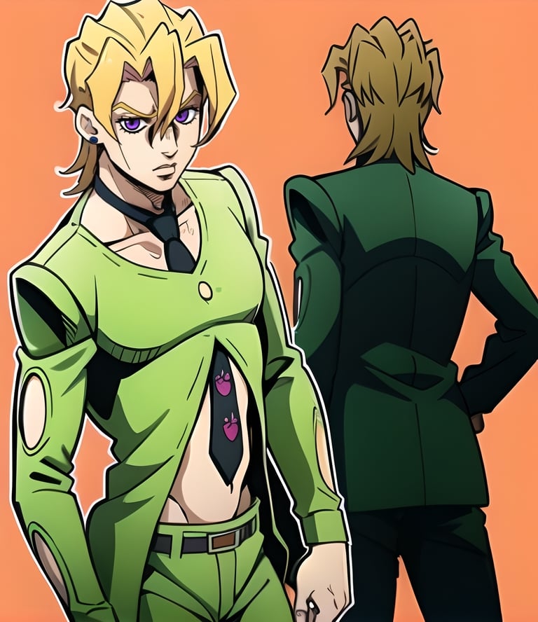 fugo,  1boy,  tie,  cowboy shot,  green suit,  clothing cutout,  solo,  simple background,  nomura tetsuya,  blonde hair,  thin waist,  dark outline,  stud earrings,  young,  teen,