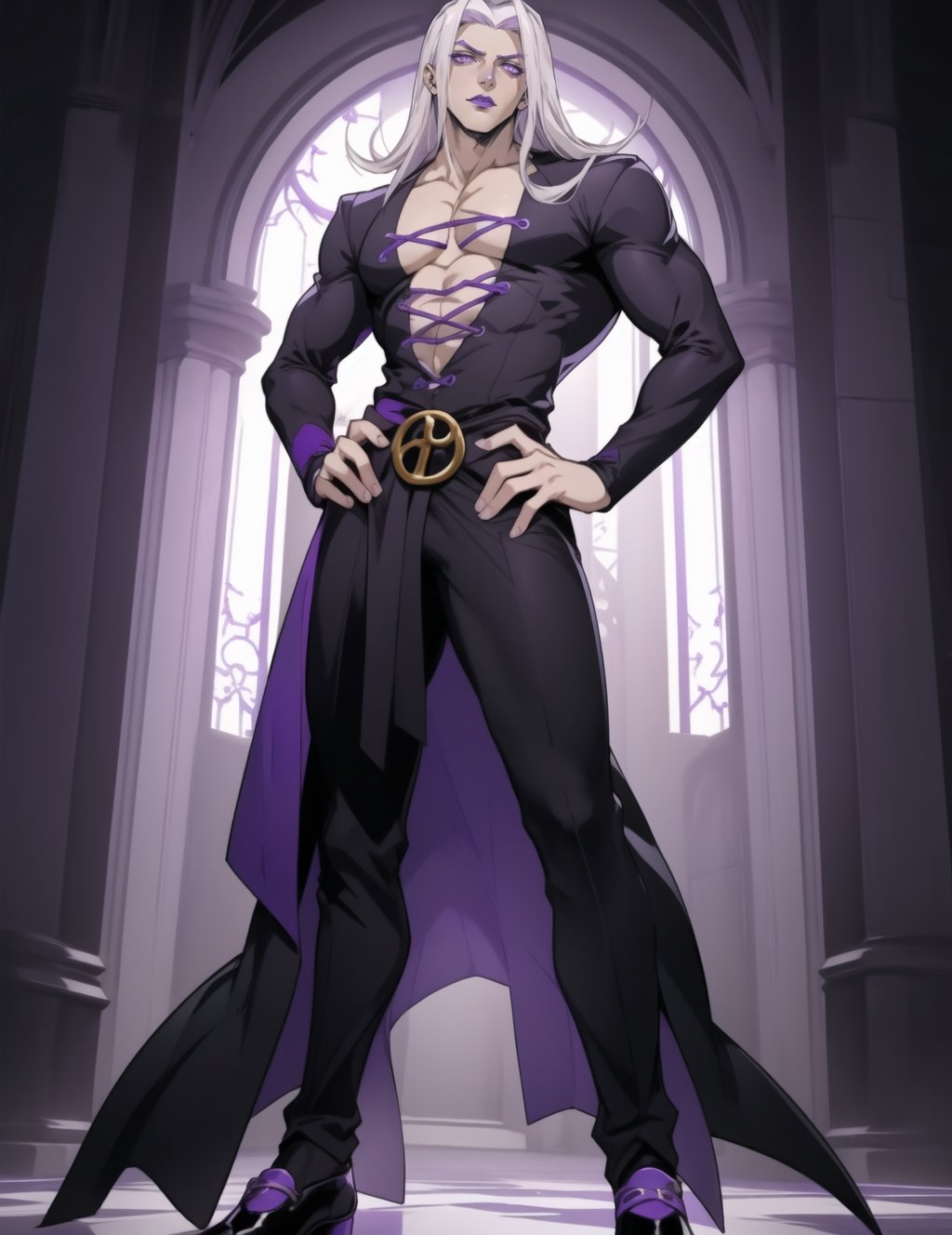 1boy, solo, pectorals, purple eyes, full body, purple lips, abbacchio, white hair, shoes, hand on hip