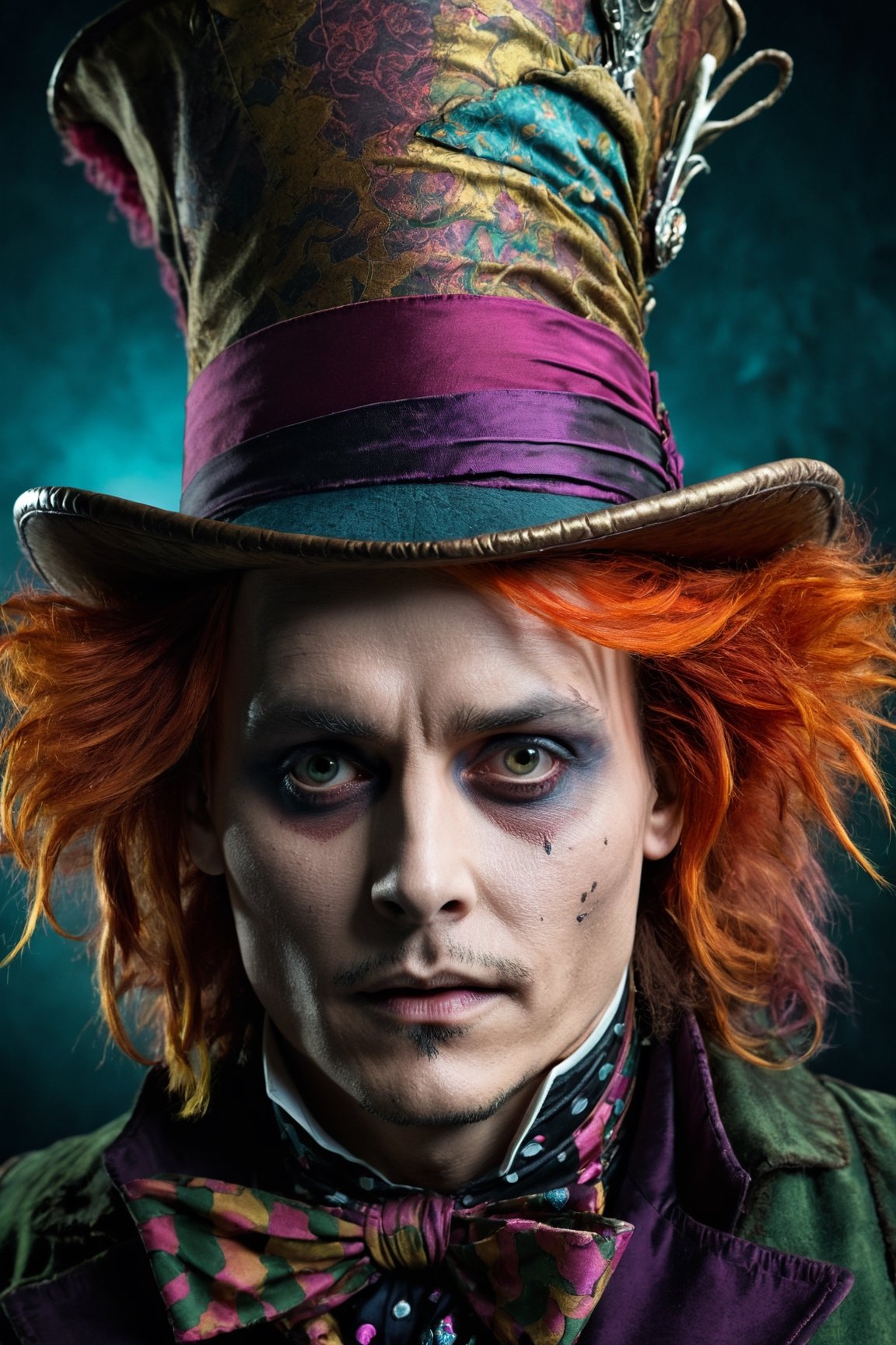 more detail XL,Movie Still,portrait young Johnny Depp mad hatter, (crazy:1.4), alice in wonderland, (deep detailed wonderland background:1.2), rim light, dark light, low light, cold colors, surreal art, portrait, creepy, horror, (vibrant colors:1.4), vivid colors, colored hair, wind hair, (huge hat:1.2)