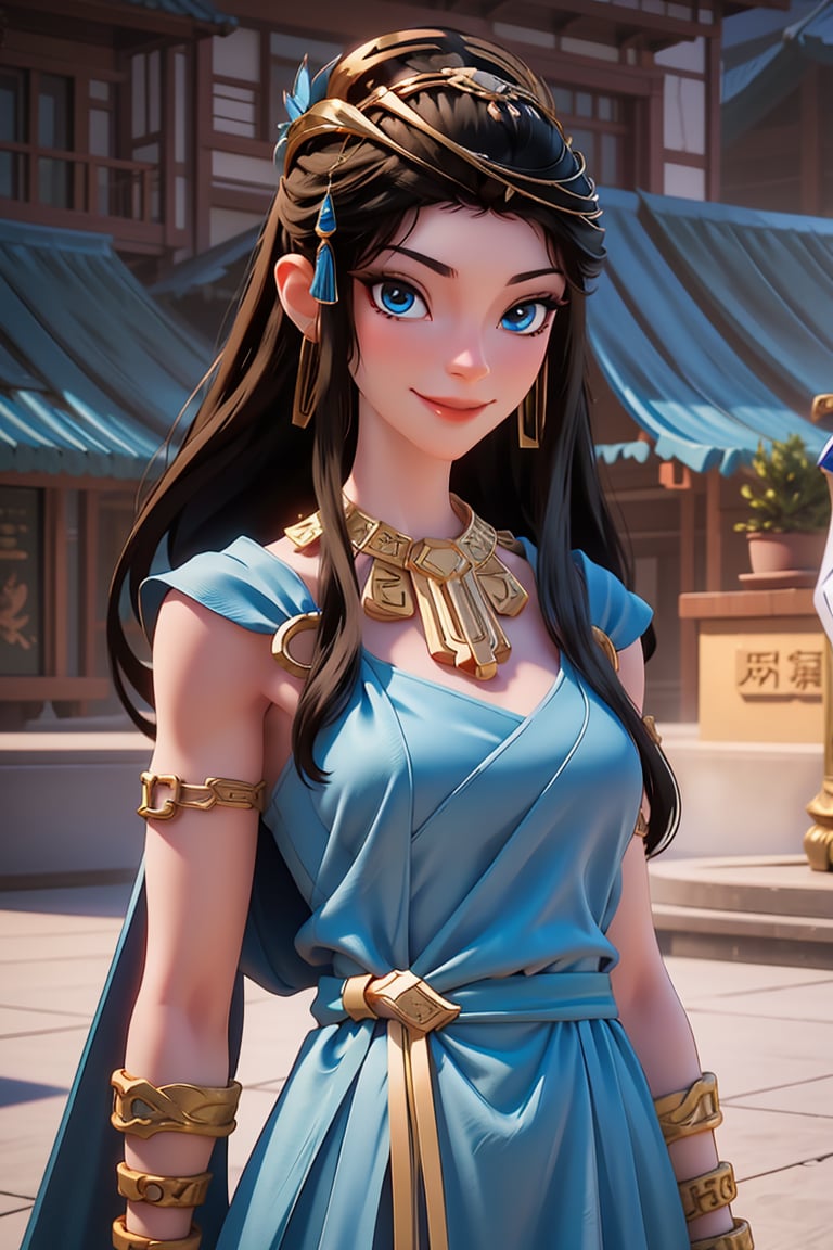 yuanyao,3dmm,1girl toy, masterpiece, best quality, long black hair, Qi bangs,blue eyes,light smile,Neck ring,gradient background,(huge breasts:0.5), white background, Gold jewelry, blue_dress, closed_mouth, bangle, looking_at_viewer, upper_body, necklace, earrings,3DMM