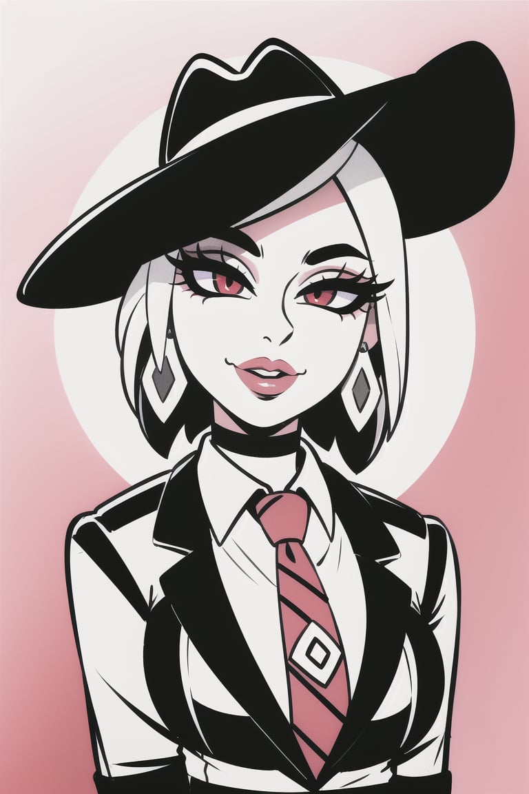 inksketch style，1girl, ashe \(overwatch\), breasts, choker, collared shirt, cowboy hat, earrings, eyelashes, eyeshadow, gradient background, hat, highres, jacket, jewelry, lips, lipstick, logo, looking at viewer, makeup, medium breasts, medium hair, necktie, overwatch, parted lips, pinstripe pattern, pinstripe shirt, portrait, red background, red eyes, red lips, red necktie, shirt, smile, solo, striped, stud earrings, white hair, white shirt, ((masterpiece)),ink,none color