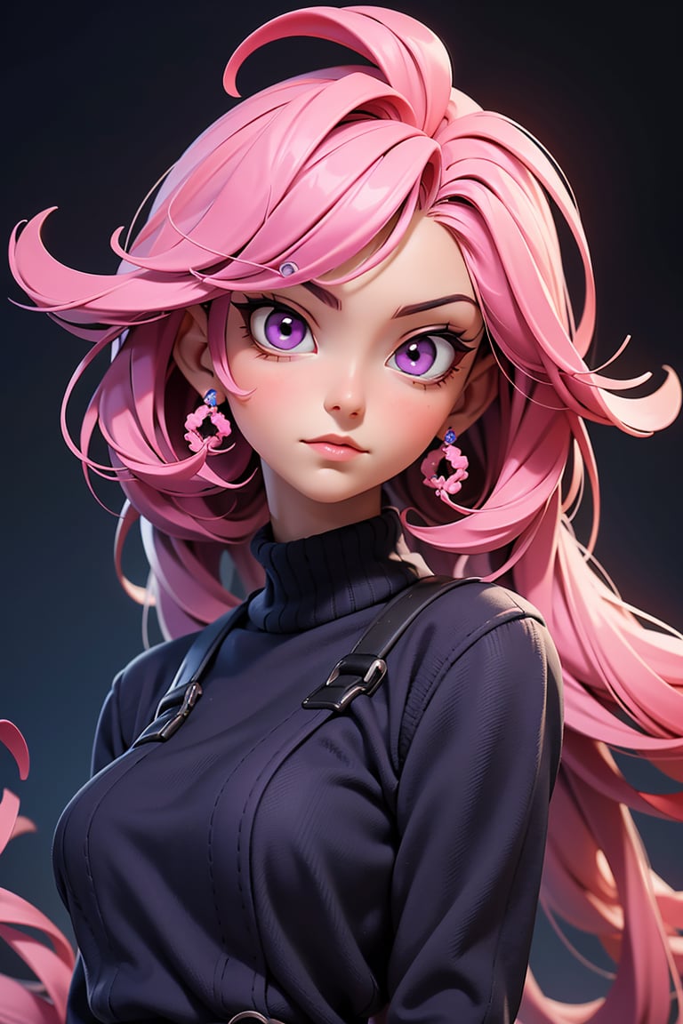 3dmm style,(masterpiece, top quality, best quality, official art, beautiful and aesthetic:1.2), (fractal art:1.3), 1girl, beautiful, high detailed, purple hair with a hint of pink, pink eyes, dark lighting, serious face, looking the sky, sky, medium shot, black sweater, jewelry,3DMM