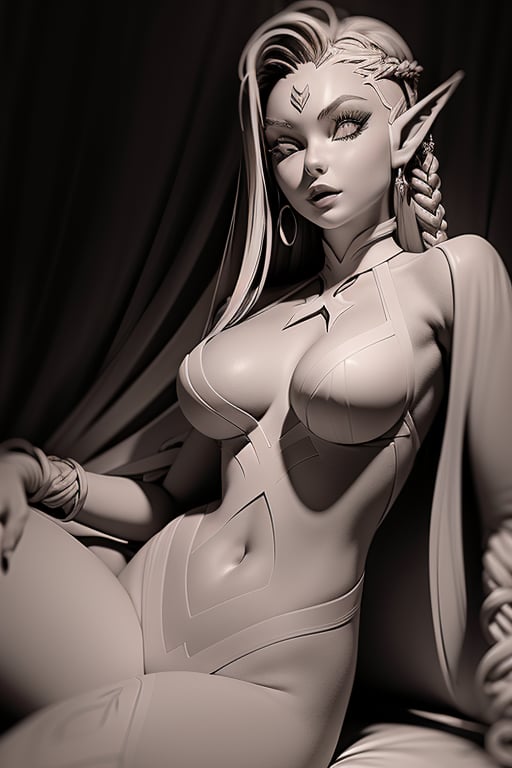 (masterpiece:1.5), (best quality:1.5), highres, highly detailed,Gray clay style,1girl, solo, pointy ears, breasts, monochrome, sitting, navel, navel cutout, long hair, braid, thighhighs, parted lips, jewelry, elf, earrings, greyscale, clothing cutout
