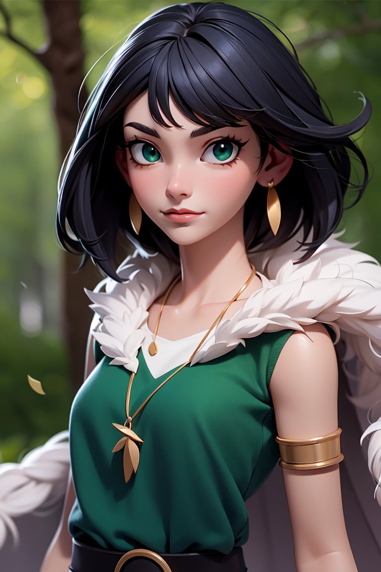 mj3d style,3dmm,3d,(masterpiece, best quality:1.1), ghibli style, san \(mononoke hime\), 1girl, armlet, bangs, black hair, black undershirt, breasts, cape, circlet, earrings, facepaint, floating hair, forest, fur cape, green eyes, jewelry, looking at viewer, medium breasts, nature, necklace, outdoors, parted bangs, shirt, short hair, sleeveless, sleeveless shirt, solo, tooth necklace, tree, upper body, white shirt ,photorealistic,analog,realism
