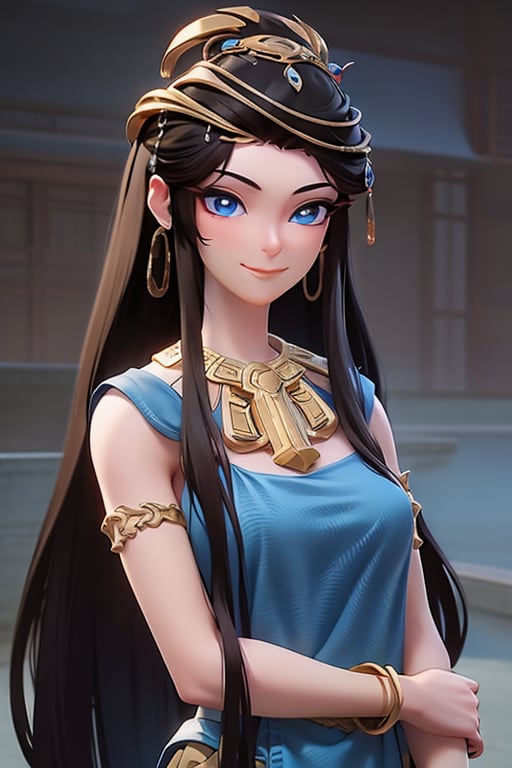 yuanyao,3dmm,1girl toy, masterpiece, best quality, long black hair, Qi bangs,blue eyes,light smile,Neck ring,gradient background,(huge breasts:0.5), white background, Gold jewelry, blue_dress, closed_mouth, bangle, looking_at_viewer, upper_body, necklace, earrings,3DMM