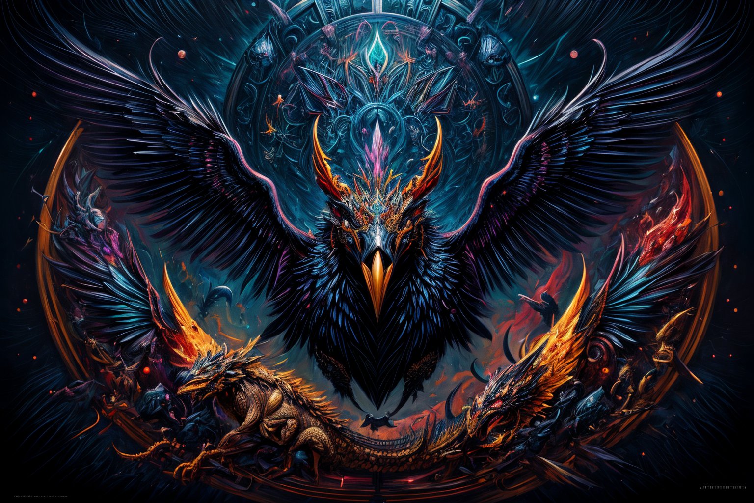 (masterpiece,absurder detailed:1.2),giant colorful mechanical crow head as dragon and scaly ore texture , wide open wings ,ice and fire ,mandala , amazing thematic dark and  abyss background, (A perfect finished work of official art:1.1). oil painting (ART By Apterus, ART By Dan Mumford:1.1),Science Fiction,paper_cut