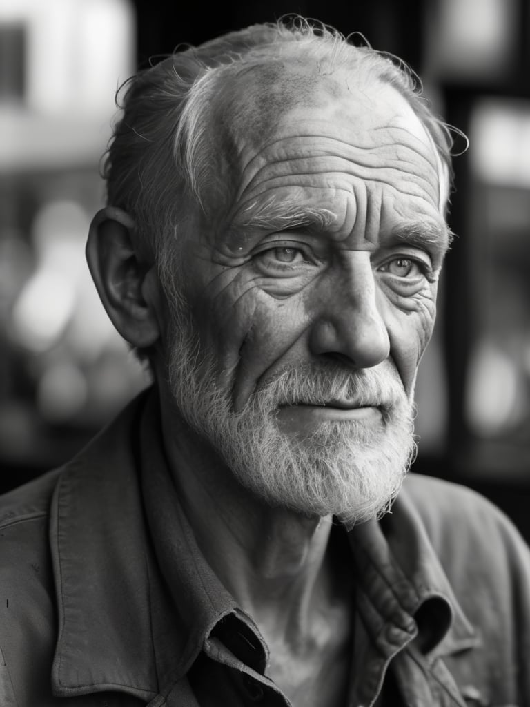 weathered, elderly man, deep creases, time-worn, weather-beaten, aged appearance, rugged jawline, thick salt-and-pepper beard, stubble, solitude etched on his face, contemplative expression, intense gaze, visible signs of a life well-lived, intricate network of scars and blemishes, intricate mechanical structures peeking through damaged skin, complex system of artificial nerves, intertwining wires and circuits, eyes filled with profound wisdom, wrinkles etched deeply, weariness evident in his features, tears glistening in his eyes, hyper-realistic portrayal, close-up view emphasizing every detail, Photorealistic, Hyperrealistic, Hyperdetailed, film noir, analog style, hip cocked, demure, low cut, black lace, detailed skin, pores, smirk, smiling eyes, matte skin, outdoor cafe, soft lighting, subsurface scattering, realistic, heavy shadow, b&w, masterpiece, best quality, ultra realistic, 8k, golden ratio, Intricate, High Detail, film photography, soft focus,