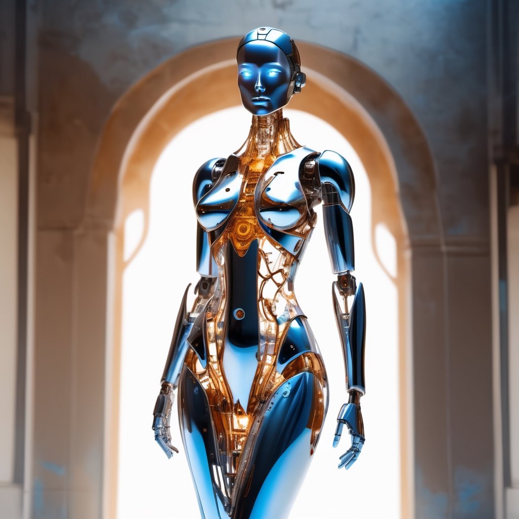 A beautiful robotic woman made out of chrome infused sandstone, translucent chassis reveals inner workings, thin translucent dress, expression of extreme sadness, pure white background, wearing a thin blue translucent nightgown,dark amber dusk, backlit.