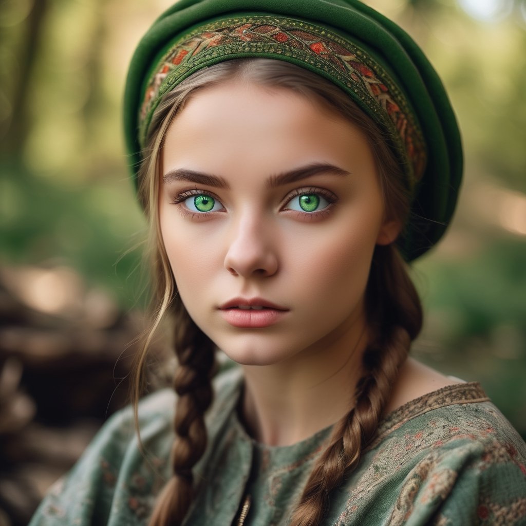 cinematic photo Portrait of a divinely beautiful, gorgeous, stunning, cute, Ukrainian teen girl with striking green eyes in the war . The luminosity of her green eyes is the focal point, contrasting with the earthy tones of her attire. Influenced by the realistic styles of classic portrait artists, with a focus on intricate detailing and natural lighting . The end result should be a high-resolution portrait capturing her cultural essence and the vividness of her eyes, 35mm photograph, film, bokeh, professional, 4k, highly detailed.