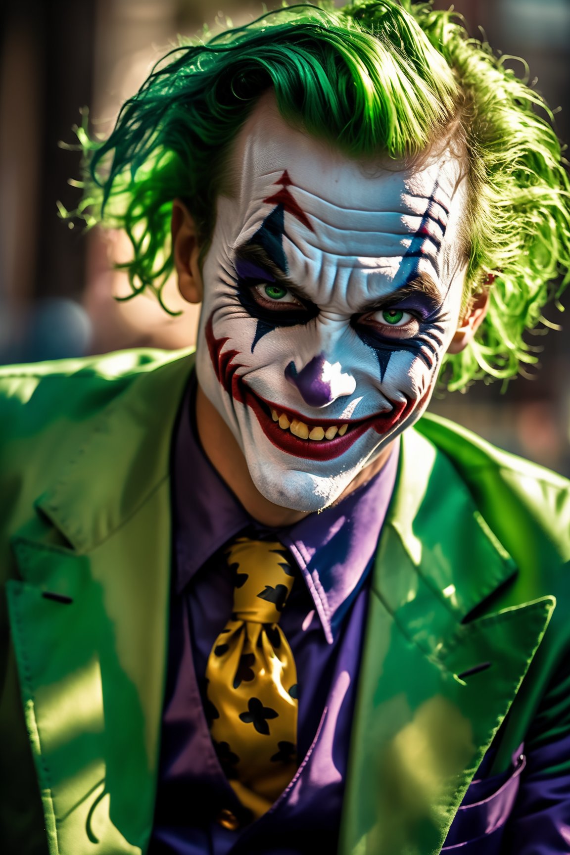 Dappled Light, photo portrait of the The Joker (DC Comics): The Joker's colorful suit, wild green hair, and maniacal grin make him an iconic and recognizable character for cosplay., colorful, realistic round eyes, dreamy magical atmosphere, superheroine costume, (skin texture) (film grain), (warm hue, warm tone:1.2), close up, cinematic light, sidelighting