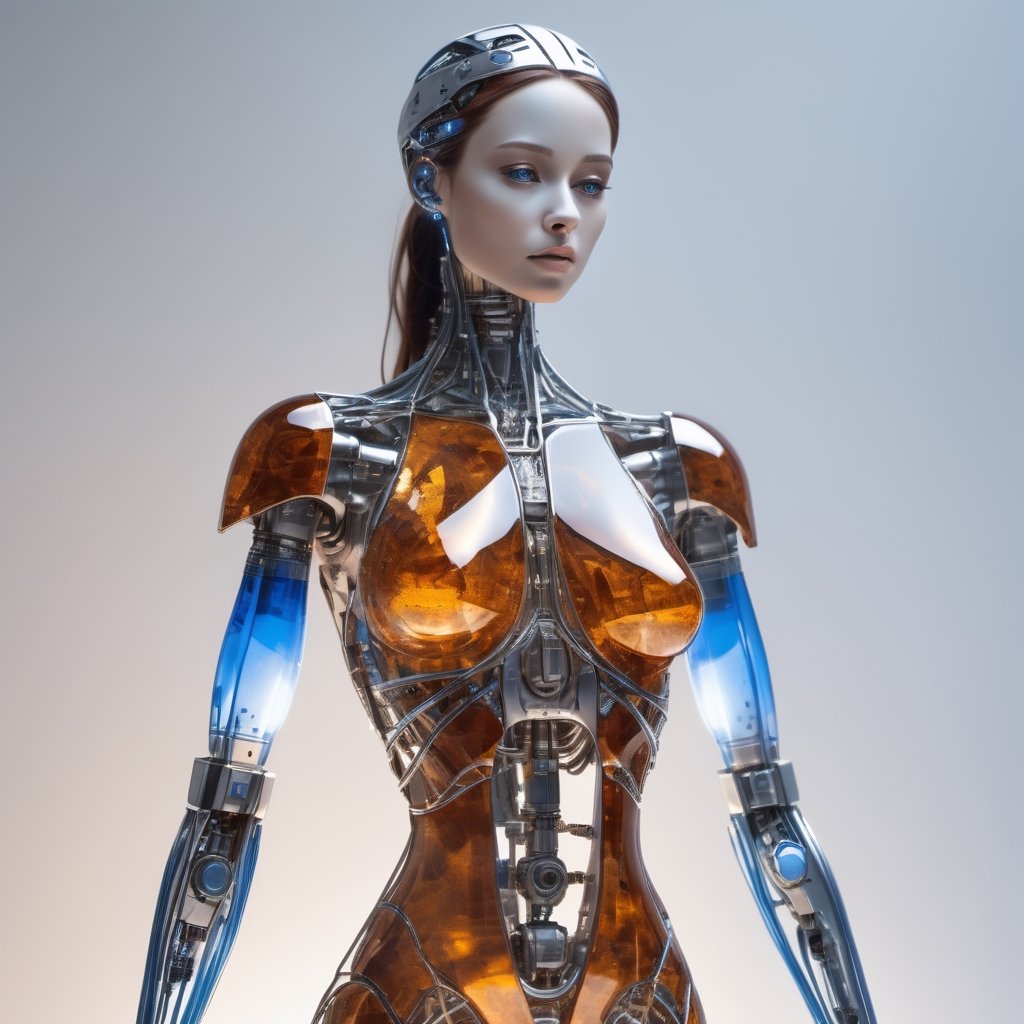 A beautiful robotic woman made out of chrome infused sandstone, translucent chassis reveals inner workings, thin translucent dress, expression of extreme sadness, pure white background, wearing a thin blue translucent nightgown,dark amber dusk, backlit.