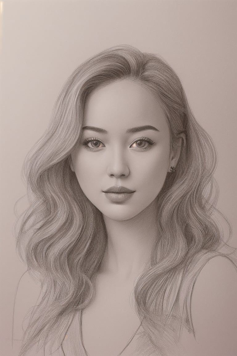 Sketch drawing, portrait of young woman with wavy shape long hair, fine drawing, modern girl, chinese background, pretty face,