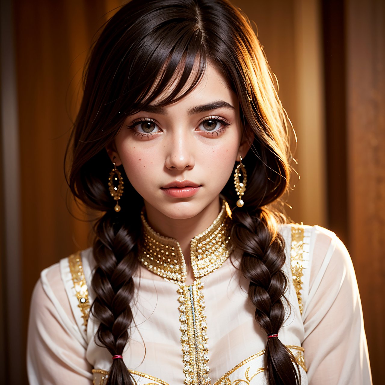 Portrait, photograph, delicate features, beautiful face, Shalwar Kameez, dreadlocked hair, long bangs, long ponytail, bright brown eyes