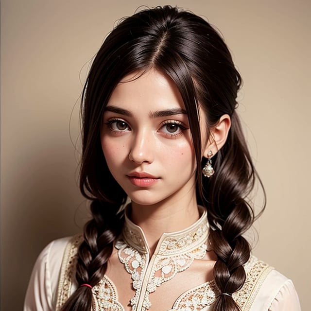 Portrait, photograph, delicate features, beautiful face, Shalwar Kameez, dreadlocked hair, long bangs, long ponytail, bright brown eyes