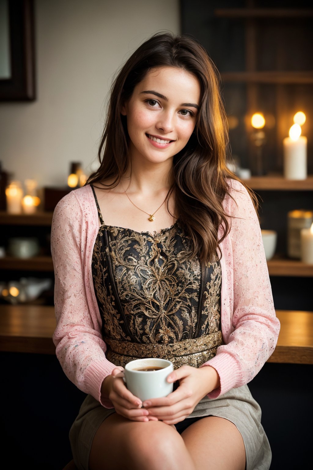 extremely innocent angelic face, smirk, teen, wild hair, sitting, dressed in pink, she smile like gentle love goddess, very long tresses, golden hair, brown hair, expressive face , she loves it so much. in chic bedroom, phenomenal image, too good, did you see it? i can't believe how good this is quality, sharp, perfect, beautiful, female, ultrarealistic, soft lighting, 8k, cheerful,laughing,clever naughty smile,,long sleeves, she smile like gentle love goddess,very long tresses,black hair,brown hair,expressive face, stunningly beautiful young girl,(((extremely innocent face ))),wild hair,((best quality)),((masterpiece)),(detailed),, highly ornate body jewelry, raw, photorealistic, real, perfect skin, real skin, realistic photo of a 1girls, , , voluptuously   extremely innocent face, divine eyes, ;,  

 (((full body view:1.2))), stunningly beautiful (((extremely innocent face ))), wild hair, ((best quality)), ((masterpiece)), (detailed),  shirt,, highly detailed HDR photo, 8k quality, best quality, high resolution ultra photorealistic, high definition, highly detailed photo, photon mapping, dynamic angle, professional lighting, highly detailed face and body,expressive eyes, perfectly detailed face, smile, gorgeous face, real skin details, soft skin, looking at viewer, raw, photorealistic, real, perfect skin, real skin, realistic photo of a mid body shot, , extremely innocent face, very beautiful, cheerful, laughing, clever naughty smile, , she is dressed, she smile like gentle love goddess, very long tresses, golden hair, brown hair, expressive face, divine eyes,, Wide-angle view of a pretty fashion model looking at the camera, expressing a complaint as if it's our fault, sad and thoughtful, sipping coffee in a dark, cozy coffee shop with rain outside, vibrant ambience, lively atmosphere, adorned with fairy lights and candles, captured in photorealistic detail with real skin textures, soft lighting, and presented as an absurdres masterpiece. , flowers,  ,1,s_light