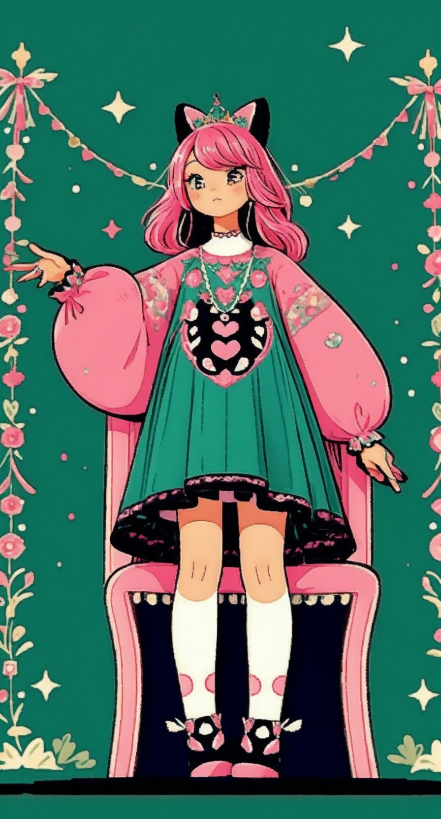 A kawaii lady, adorned with pastel pink accessories and a subtle gothic flair, sits elegantly on a velvet-covered throne. Soft, pink casts a warm glow, highlighting intricate on her pink black dress, while dark.,cartoon,green theme