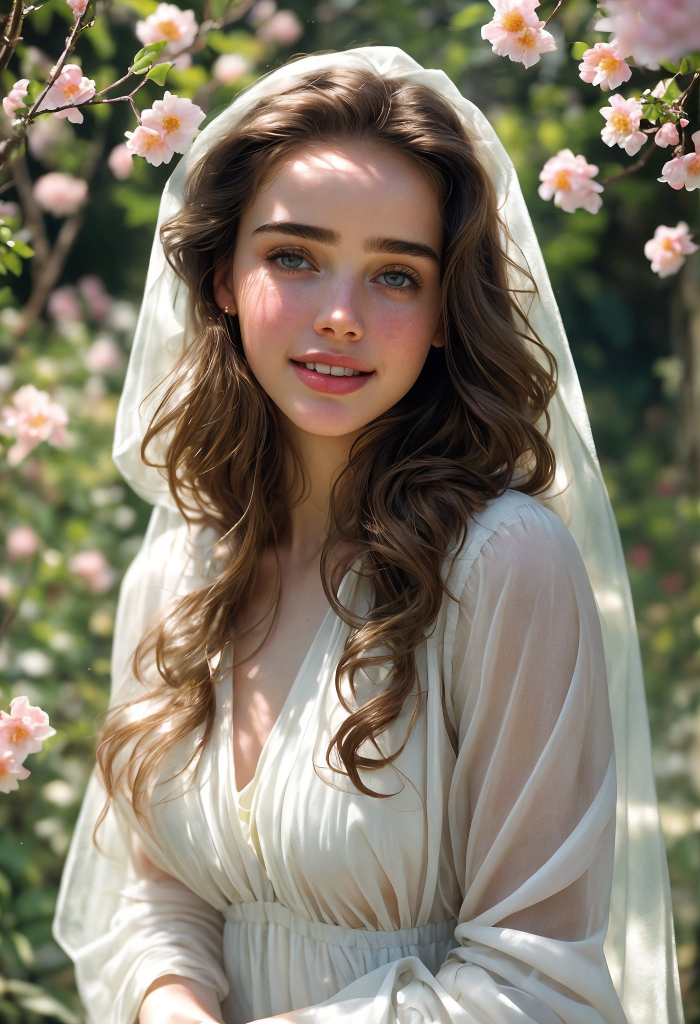  Raw, photorealistic, real, perfect skin, realistic photo of a 16-year-old girl with an extremely innocent face, divine eyes, resembling Jennifer Connelly and Ana de Armas, smooth hair, brown  tresses,   shy, embodying a gentle love goddess,   wearing full covered blouse,  l in a garden, morning, cheerful, smiling, happy, surrounded by flowers &  fairy lights, looking up, a phenomenal image of sharp, perfect quality,   captured in beautyniji style.,Photorealistic,Beautiful woman 