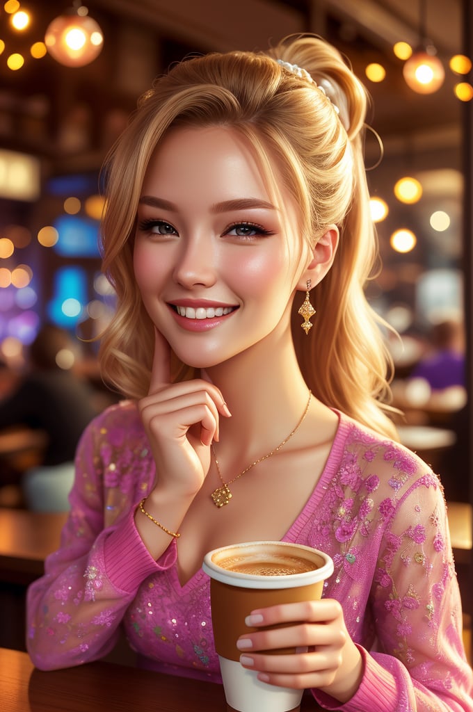 Extreme close-up of a pretty fashion model's face, smiling while sipping coffee in a cozy coffee shop, vibrant ambience, lively atmosphere, adorned with fairy lights and candles, captured by an award-winning photographer in 8k resolution.