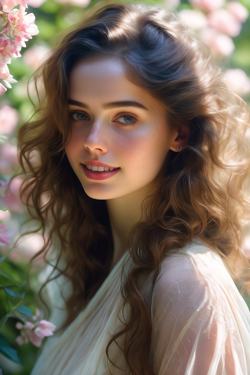  Raw, photorealistic, real, perfect skin, realistic photo of a 18-year-old girl with an extremely innocent face, divine eyes, resembling  Ana de Armas, smooth hair, brown  tresses,   shy, embodying a gentle love goddess,   wearing full covered indian blouse,   in a garden, morning, cheerful, smiling, happy, surrounded by flowers &  fairy lights, looking up, a phenomenal image of sharp, perfect quality,   captured in beautyniji style.,Photorealistic, Beautiful woman,s_light, soft light from top