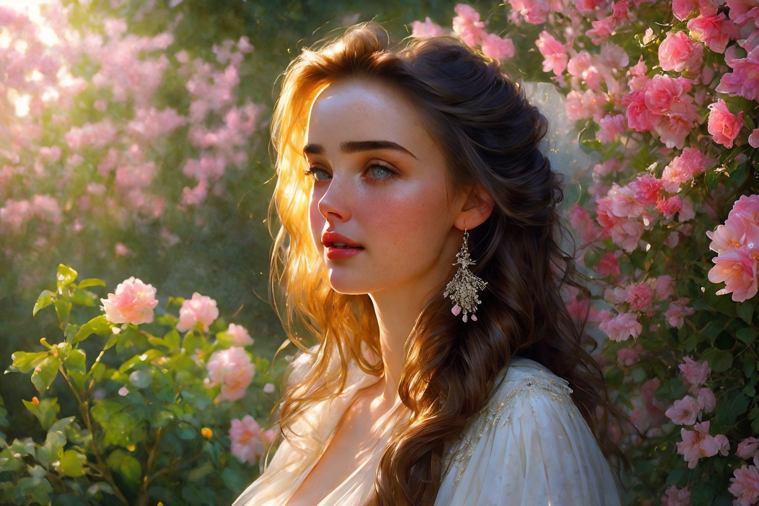  Raw, photorealistic, real, perfect skin, realistic photo of a 18-year-old girl with an extremely innocent face, divine eyes, resembling Jennifer Connelly and Ana de Armas, smooth hair, brown  tresses,   shy, embodying a gentle love goddess,   wearing full covered blouse,  l in a garden, morning, cheerful, smiling, happy, surrounded by flowers &  fairy lights, looking up, a phenomenal image of sharp, perfect quality,   captured in beautyniji style.,Photorealistic,Beautiful woman,s_light,intense light,dramatic shadows