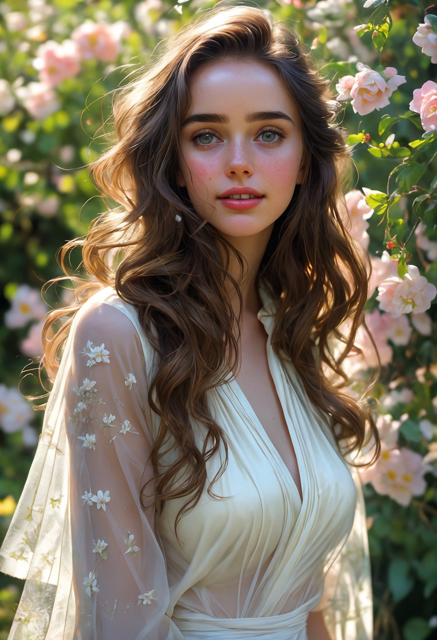  Raw, photorealistic, real, perfect skin, realistic photo of a 18-year-old girl with an extremely innocent face, divine eyes, resembling Jennifer Connelly and Ana de Armas, smooth hair, brown  tresses,   shy, embodying a gentle love goddess,   wearing full covered blouse,  l in a garden, morning, cheerful, smiling, happy, surrounded by flowers &  fairy lights, looking up, a phenomenal image of sharp, perfect quality,   captured in beautyniji style.,Photorealistic,Beautiful woman 