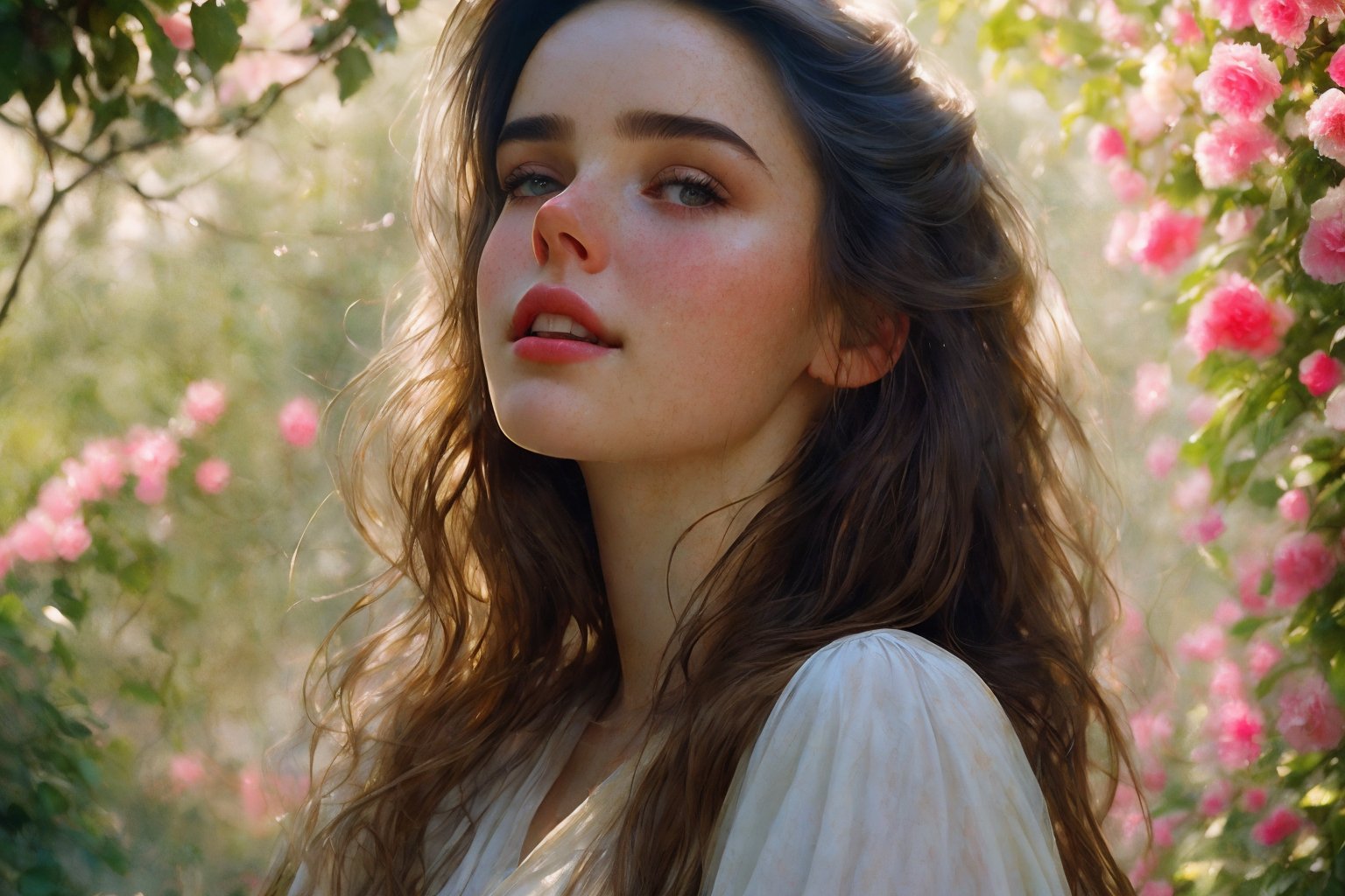  Raw, photorealistic, real, perfect skin, realistic photo of a 18-year-old girl with an extremely innocent face, divine eyes, resembling Jennifer Connelly and Ana de Armas, smooth hair, brown  tresses,   shy, embodying a gentle love goddess,   wearing full covered blouse,  l in a garden, morning, cheerful, smiling, happy, surrounded by flowers &  fairy lights, looking up, a phenomenal image of sharp, perfect quality,   captured in beautyniji style.,Photorealistic,Beautiful woman,s_light,intense light,dramatic shadows